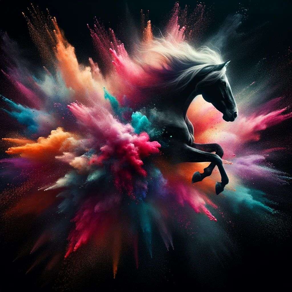 a horse, made from a burst of colored powder, digital art
